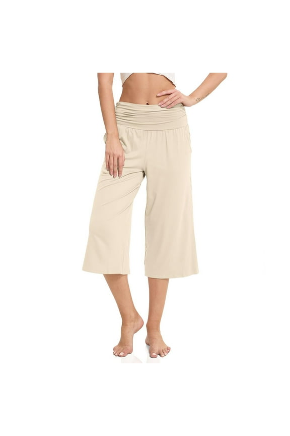 Women's Comfy Yoga Capri Pants Elastic Waist Wide Leg Loose Pants Cropped Trousers with Pockets Summer Casual