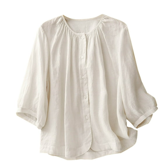 Generic Women's Cotton Linen Shirts Summer Short Sleeve Round Neck Basic Tees Beach Vacation Casual Button Down Tee Tops
