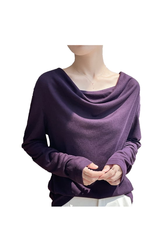 Women's Cowl Neck Ruched Tops Casual Draped Front Long Sleeve Shirts Fall Loose Fit Solid Tunic Blouse