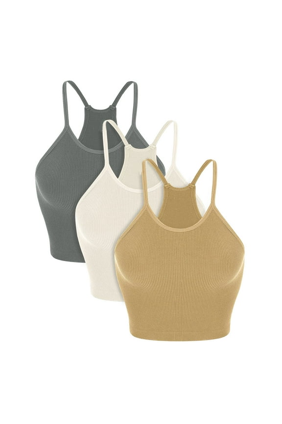 Women's Crop Seamless Rib-Knit Camisole Spaghetti Strap Slim Fit Sleeveless Shirt Workout Yoga Bra Halter Neck Tops