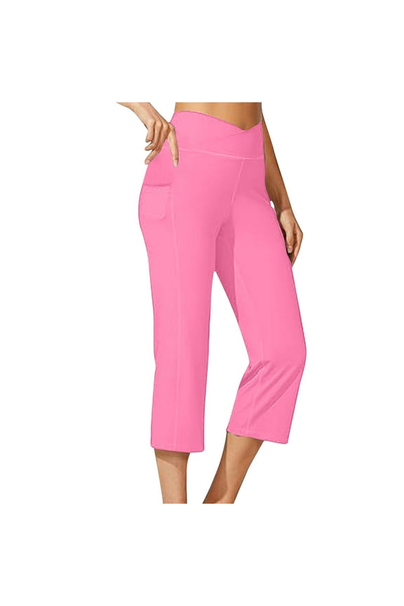 Women's Cross Waist Capri Running Leggings Yoga with Side Pockets Athletic Exercise High Waisted Tummy Control