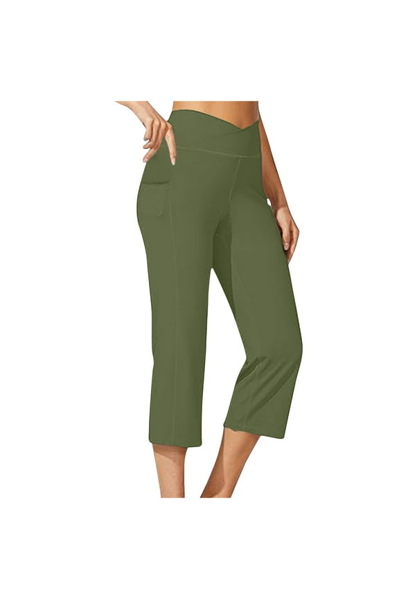 Women's Cross Waist Capri Running Leggings Yoga with Side Pockets Athletic Exercise High Waisted Tummy Control