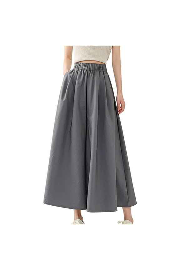 Women's Culottes Solid Color Cotton Wide Leg Pants Elastic Waist Casual Loose Cropped Trousers with Pockets