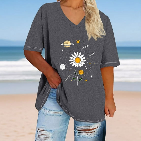 Generic Women's Daisy Print Basic T-Shirt Plus Size Loose V Neck Graphic Tees Casual Summer Plus Size Short Sleeve Tunic Tops