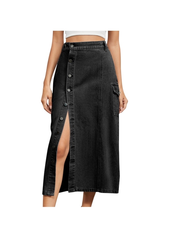 Women's Denim Midi Skirt Casual Button Down High Waisted A Line Jean Midi Long Fashion Denim Skirt with Pockets