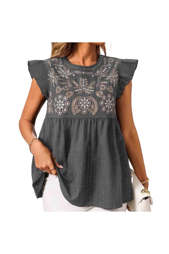 Women's Embroidery Peasant Blouse Ruffle Sleeve Babydoll Top Boho Casual Summer Loose Tunic Fiesta Mexican Style