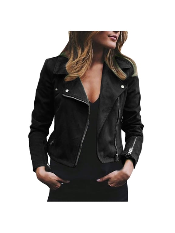 Women's Fall 2025 Fashion Faux Suede Leather Casual Moto Biker Jacket Coats
