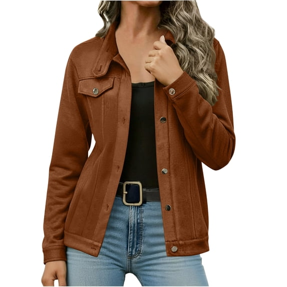 Generic Women's Fall Jackets Casual Faux Suede Jackets Long Sleeve Collar Fashion Button Down Coats Outerwear