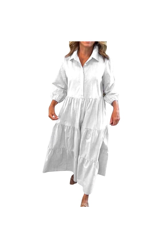 Women's Fall Maxi Dress Casual Long Sleeve Button Down Lapel V Neck Loose Summer Tiered Babydoll Shirt Dresses
