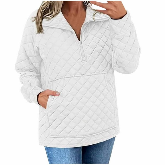 Generic Women's Fall Quilted Sweatshirt Casual Quarter Zip Collared Long Sleeve V Neck Pullover Tops