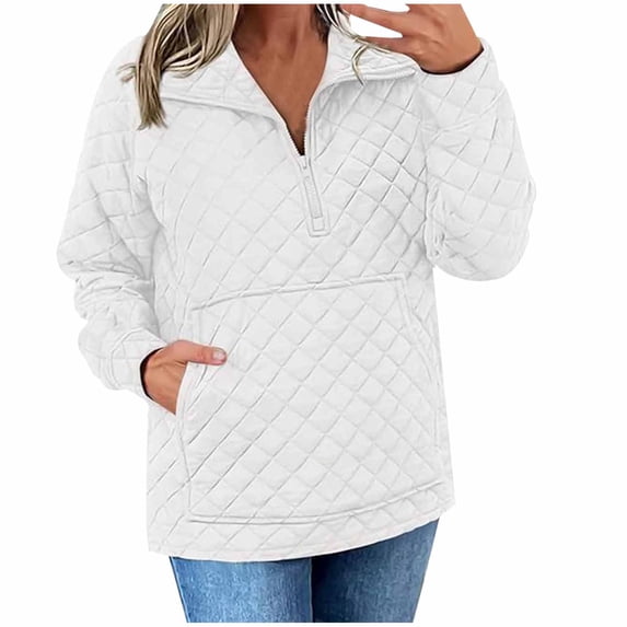 Generic Women's Fall Quilted Sweatshirt Casual Quarter Zip Collared Long Sleeve V Neck Pullover Tops