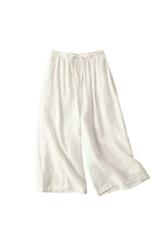 Women's Fashion Culottes Linen Cropped Yoga Wide Leg Pants Elastic Waist Casual Solid Comfy Loose Trousers with Pockets