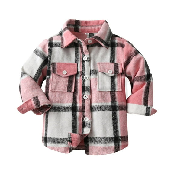 Generic Women's Fashion Girls Boys Middle Kids Autumn Plaid Brushed Single Button Down Top with Pockets Long Sleeve Cardigan Lapel Jacket(18-24 Months,Pink)