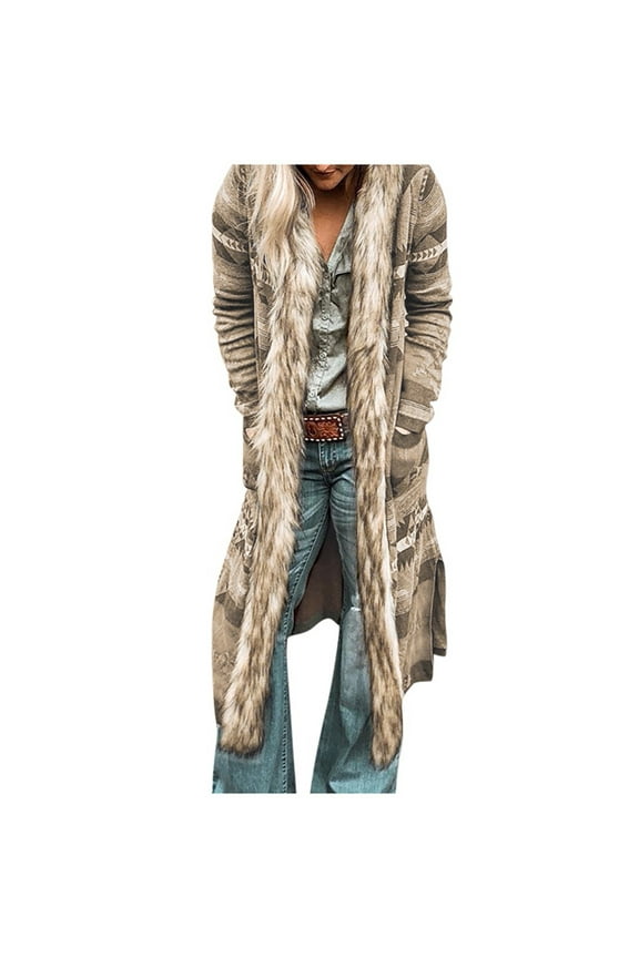 Women's Faux Fur Trim Long Parka Midi Length Cardigan Vintage Western Coats Open Front Winter Outerwear with Pockets