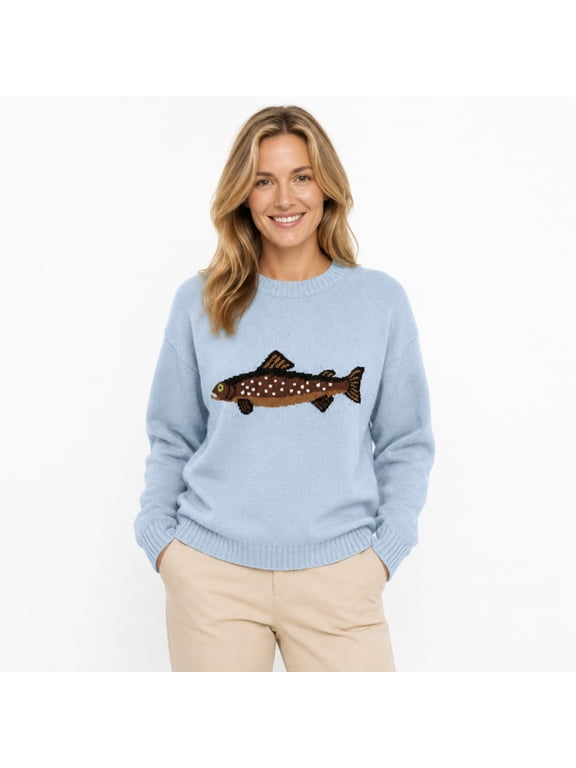 Generic Women's Fish Pattern Polyester Sweater, Crew Neck Loose Long Sleeve Knit Pullover