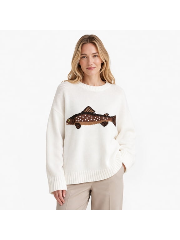 Generic Women's Fish Pattern Polyester Sweater, Crew Neck Loose Long Sleeve Knit Pullover