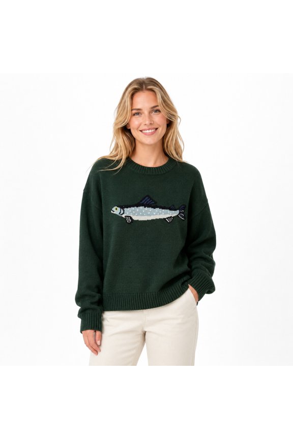 Generic Women's Fish Pattern Polyester Sweater, Crew Neck Loose Long Sleeve Knit Pullover