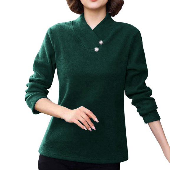 Generic Women's Fleece Baselayer T-Shirts Casual Cross Mock Neck Long Sleeve Business Casual Tops Loose Solid Blouse