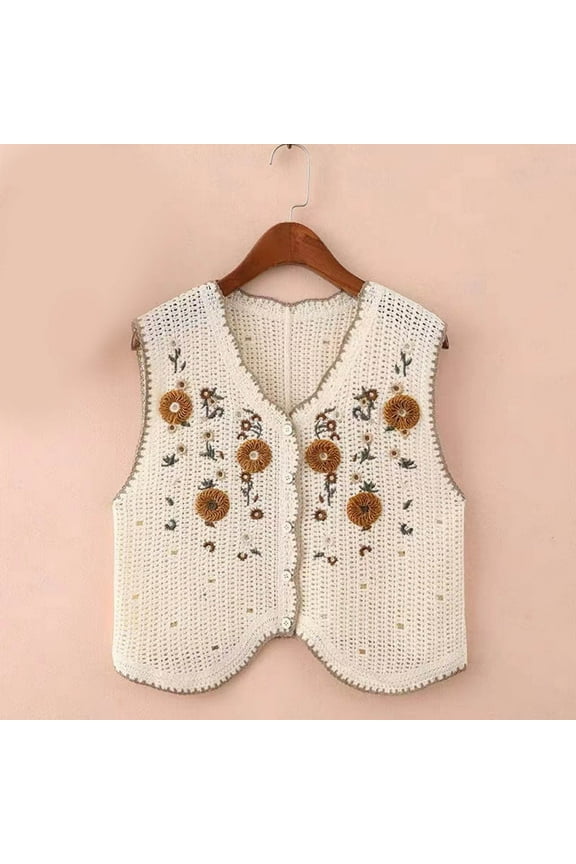 Women's Floral Crochet Vest Hollow Out Open Front Vintage Boho Lace Button Front V Neck Sleeveless Knit Sweater