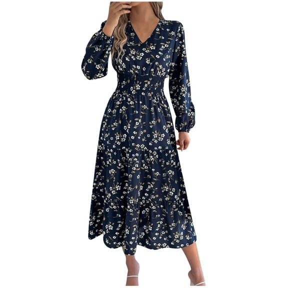Generic Women's Floral Print Dress Long Sleeve V Neck Elastic Waist Ruffle A-Line Flowy Maxi Dresses Cocktail Fall Dress