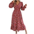thumbnail image 1 of Generic Women's Floral Print Dress Long Sleeve V Neck Elastic Waist Ruffle A-Line Flowy Maxi Dresses Cocktail Fall Dress, 1 of 7