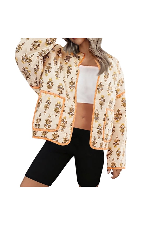 Women's Floral Quilted Jackets Cropped Reversible Open Front Lightweight Short Padded Puffer Coat