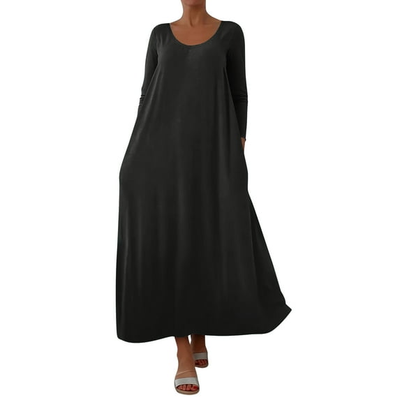 Generic Women's Flowy Long Sleeve Maxi Dress Casual Boho Crew Neck Oversized Dresses Casual Solid Fashion Vacation Beach Dress