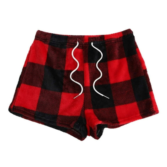 Generic Women's Fuzzy Buffalo Plaid Pajama Shorts Tie Front Elastic Waist Cute Sleep Lounge Pj Shorts