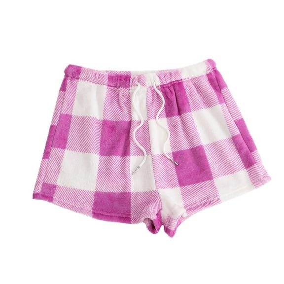Generic Women's Fuzzy Buffalo Plaid Pajama Shorts Tie Front Elastic Waist Cute Sleep Lounge Pj Shorts