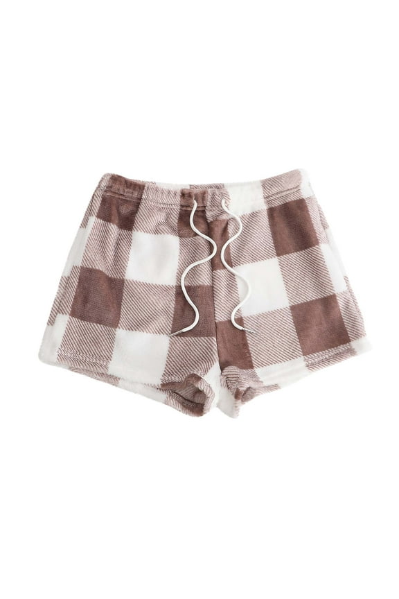 Women's Fuzzy Pajama Shorts Fashion Plaid Printed Lace up Waist Sleepwear Bottoms Loose Casual Pajamas Short Pant