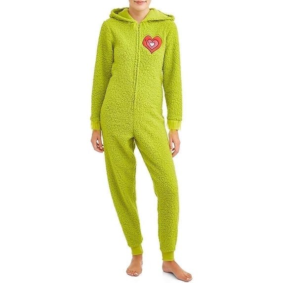 Generic Women's Fuzzy Plush Holiday Hooded Union Suit Green Red Heart Pajamas 3X