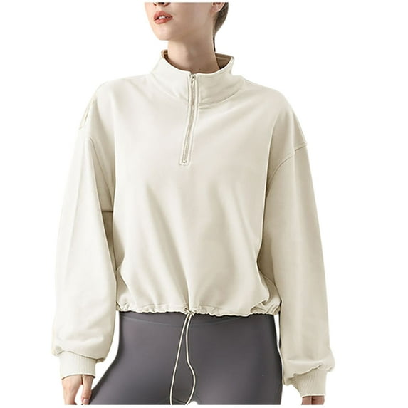 Generic Women’s Half Zip Cropped Pullover Sweatshirt Solid Color Stand Collar Long Sleeve Workout Tops with Drawstring Hem