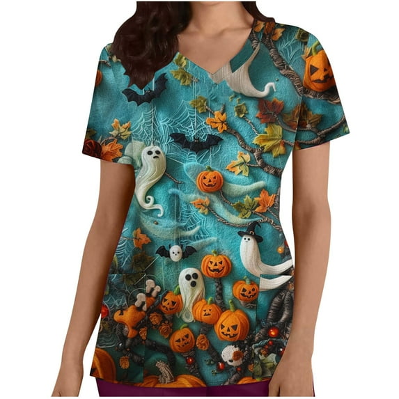 Generic Women's Halloween Theme Printed Scrubs Top, V Neck Medical Scrub Top Printed Nurse T-shirt with Pockets