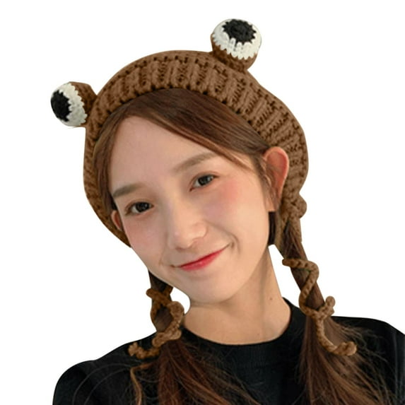 Generic Women's Hats Winter with Pompon Cute Frog Hat Crochet Large Knitted for Girls Costume Beanie Christmas Fashion Hats Cap Winter Hat Frog Bucket Hat Cute Hats For Women Men