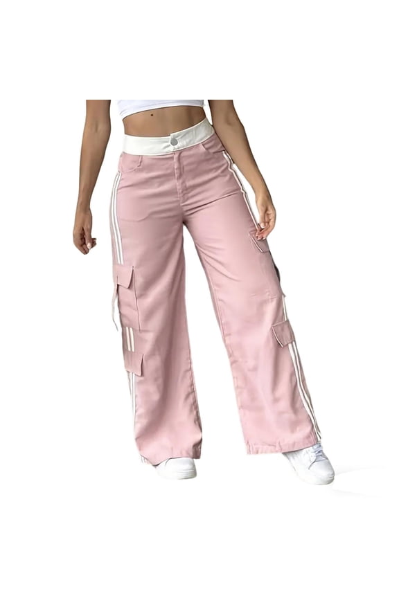 Women's High Rise Cargo Pants Baggy Stretchy Striped Y2K Streetwear Casual Slouchy Flared Palazzo Pants with Pockets
