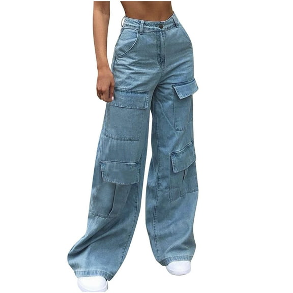 Generic Women's High Waist Baggy Jeans Flap Pocket Relaxed Fit Straight Wide Leg Y2K Fashion Cargo Jeans