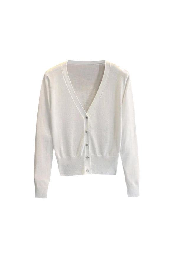 Women's Ice Silk Cardigan Stretch V-Neck Single Breasted Knitted Coat Fashion Solid Color Long Sleeve Tops