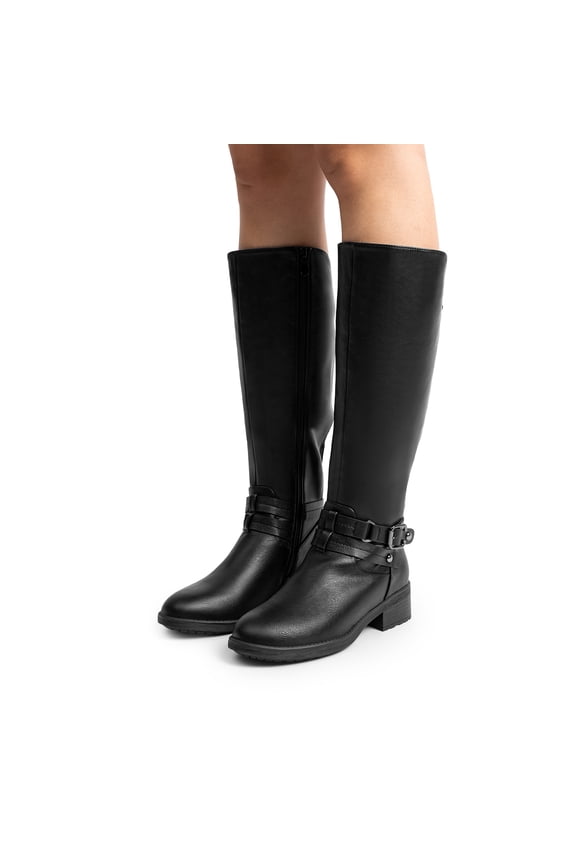 Women’s Knee High Riding Boots, Side Zipper Fashion Buckle Strap Low Heel Winter Casual Boots