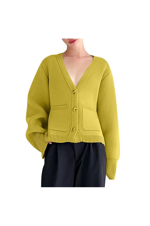 Women's Knit Cardigans Sweaters 2025 Fall Cropped Open Front Long Sleeve Button Down Knit Outerwear with Pockets