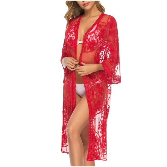 Generic Women's Lace Cardigan Floral Crochet Sheer Beach Cover Ups Long Kimono Bikini Bathing Suit
