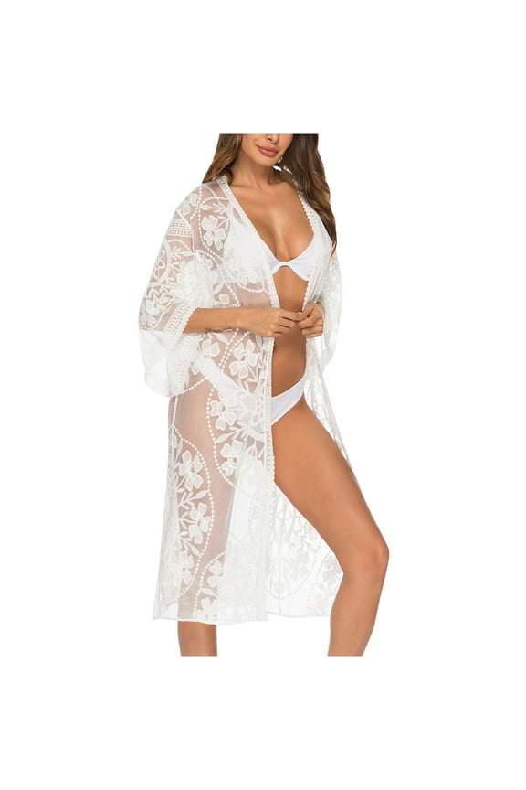 Women's Lace Cardigan Floral Crochet Sheer Beach Cover Ups Long Kimono Bikini Bathing Suit