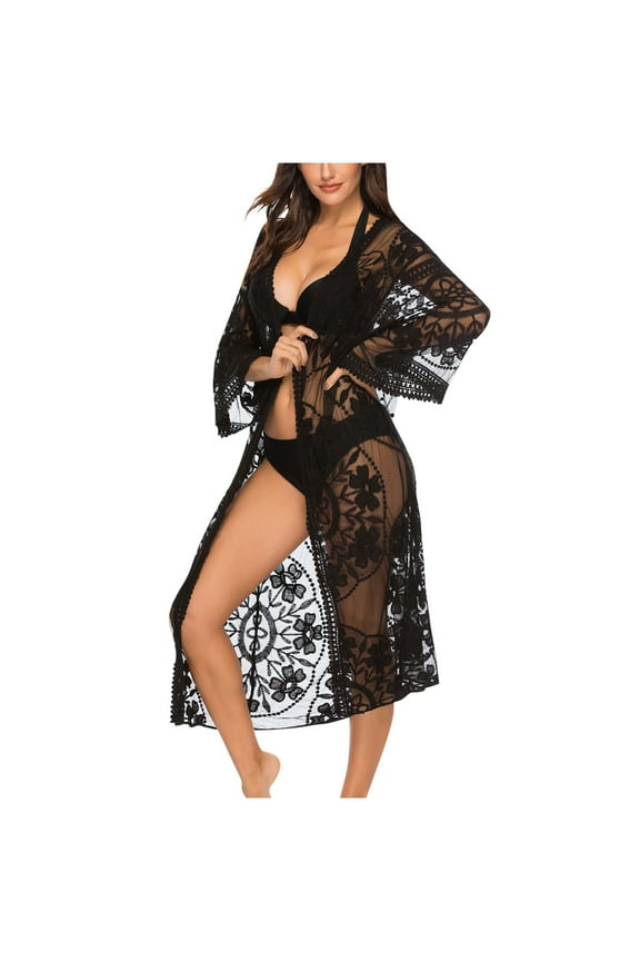 Women's Lace Cardigan Floral Crochet Sheer Beach Cover Ups Long Kimono Bikini Bathing Suit