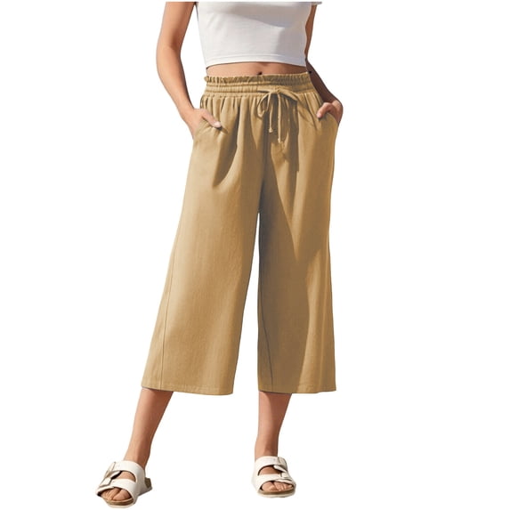 Generic Women's Linen Capris Wide Leg Pants Casual Drawstring Ruffle High Waisted Pant Summer Loose Capri Pants with Pockets
