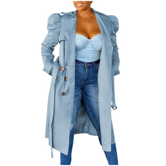 Generic Women's Long Ruffles Sleeve Coat Lapel V Neck Double Breasted Trench Coat Lapel Overcoat Jacket with Belt Outerwear