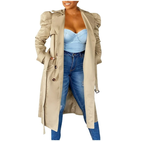 Generic Women's Long Ruffles Sleeve Coat Lapel V Neck Double Breasted Trench Coat Lapel Overcoat Jacket with Belt Outerwear