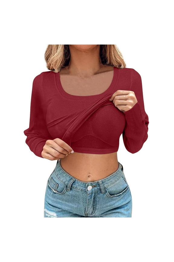 Women's Long Sleeve Shirt with Built in Bras Fashion Ribbed Knit Slim Fitted Casual Basic Sports Bra Underwear Tops