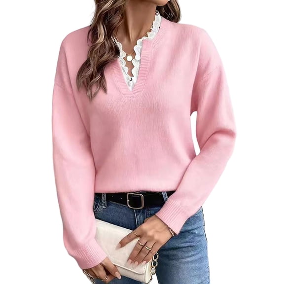 Generic Women's Long Sleeve Sweater Ruffle Lace Trim V Neck Cozy Pullover Sweaters Casual Loose Trendy Tops