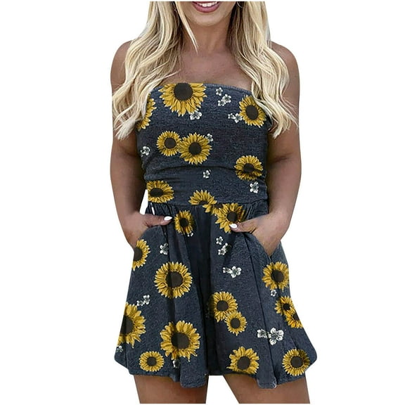 Generic Women’s Off Shoulder Romper Floral Printed Strapless High-Waist Jumpsuit Tube Short Jumpsuit With Pockets