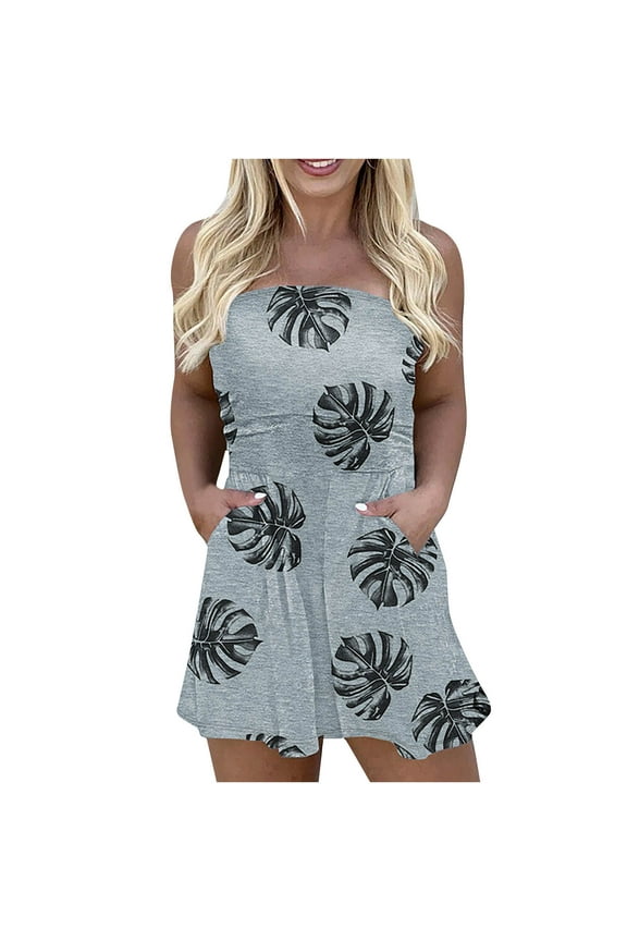 Women’s Off Shoulder Romper Floral Printed Strapless High-Waist Jumpsuit Tube Short Jumpsuit With Pockets