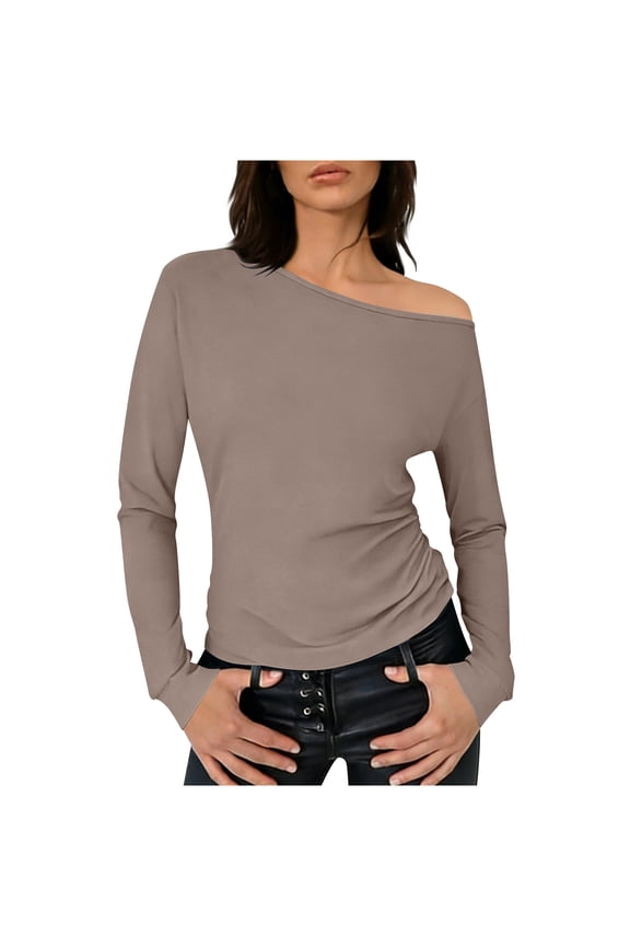 Women's Off The Shoulder Tops Long Sleeve Shirts Sexy Y2K Shirts Casual Loose Fit Tee Going Out Pleated Solid Blouses